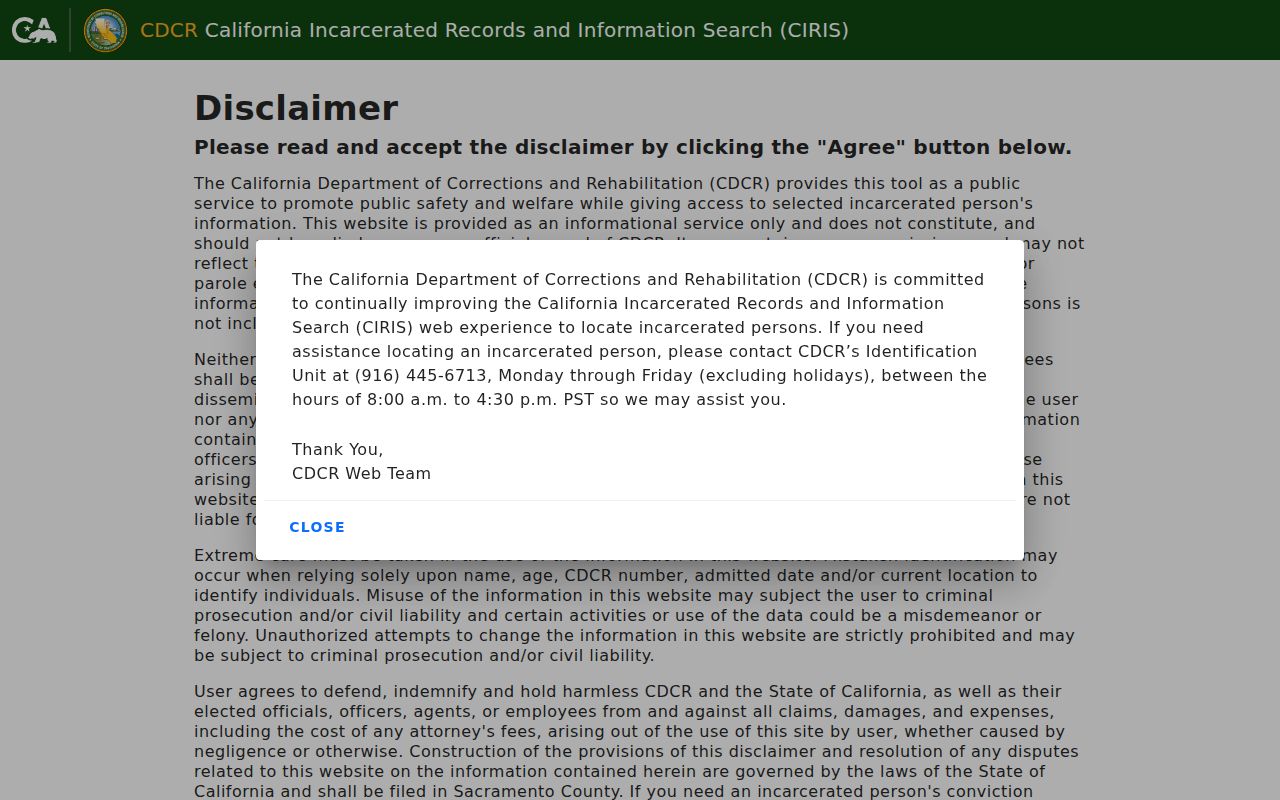 California CDCR CIRIS incarcerated records search