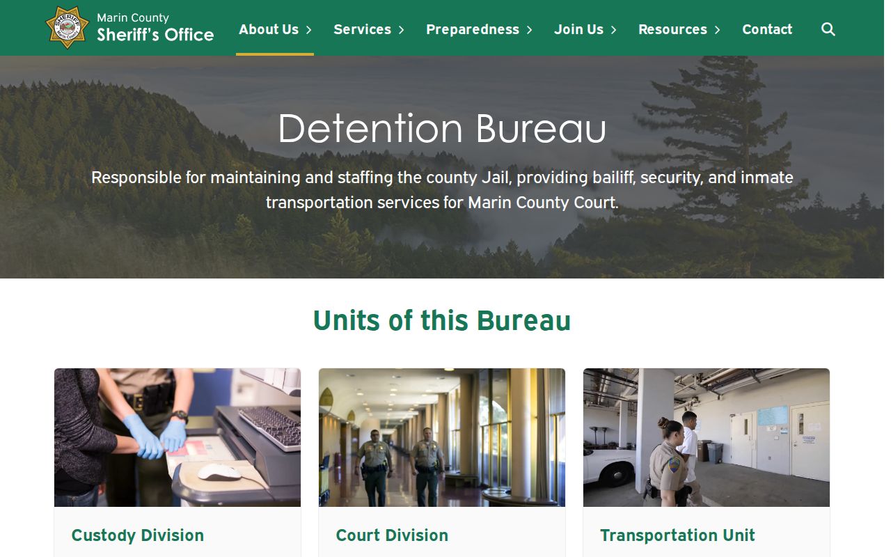 Marin County Sheriff Detention Bureau booking and jail page