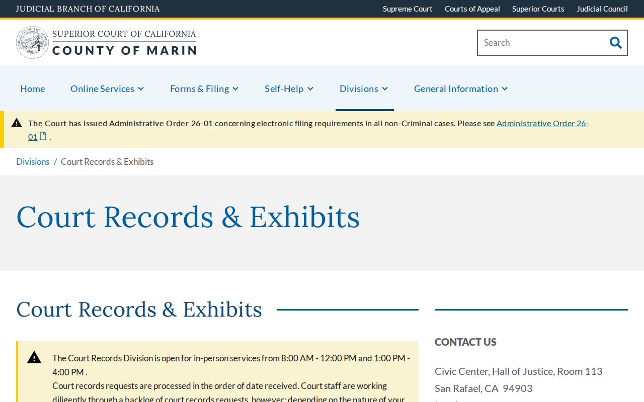 Marin Court Records and Exhibits request instructions