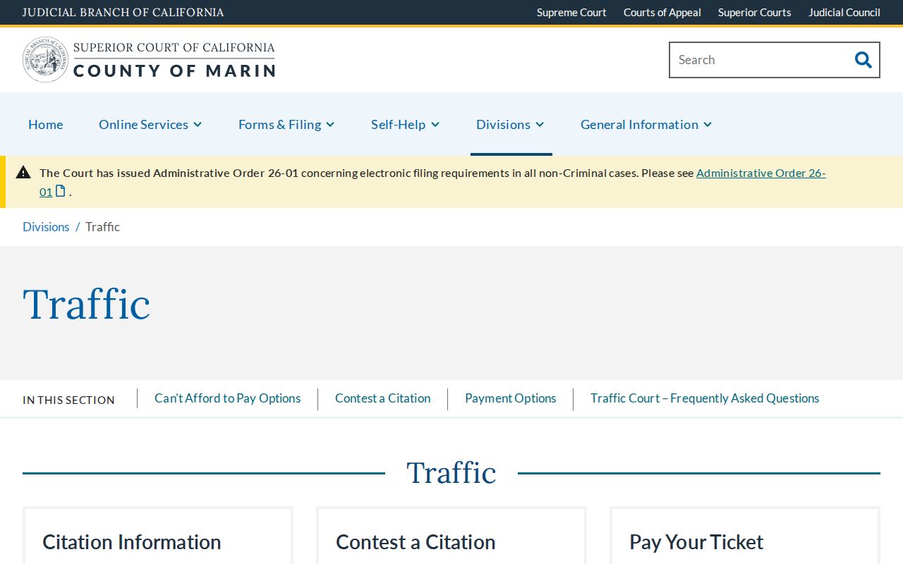 Marin Superior Court Traffic Division page