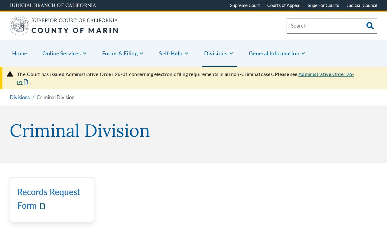 Marin Superior Court Criminal Division information page
