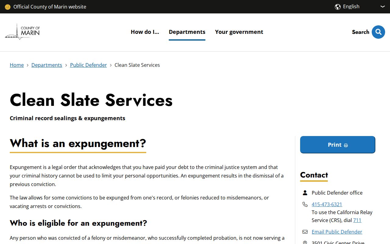 Marin County criminal record expungement through Clean Slate