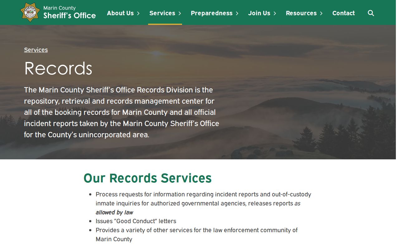 Marin County criminal records at the Sheriff's Records Division