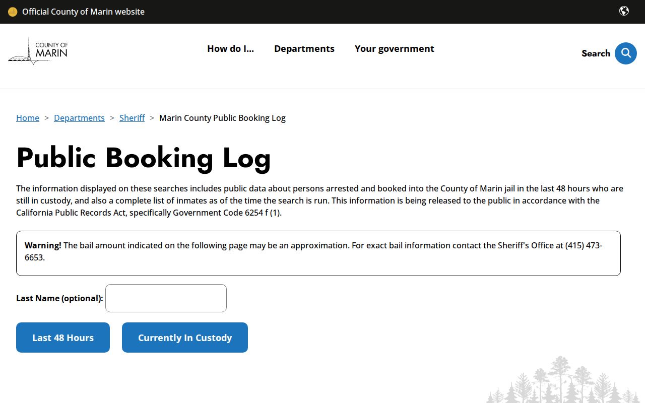 Marin County criminal history booking log search