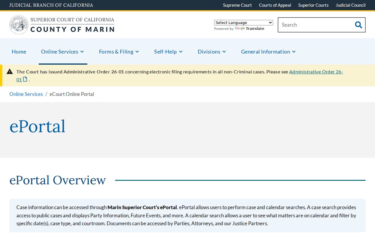 Marin County criminal case record search through ePortal