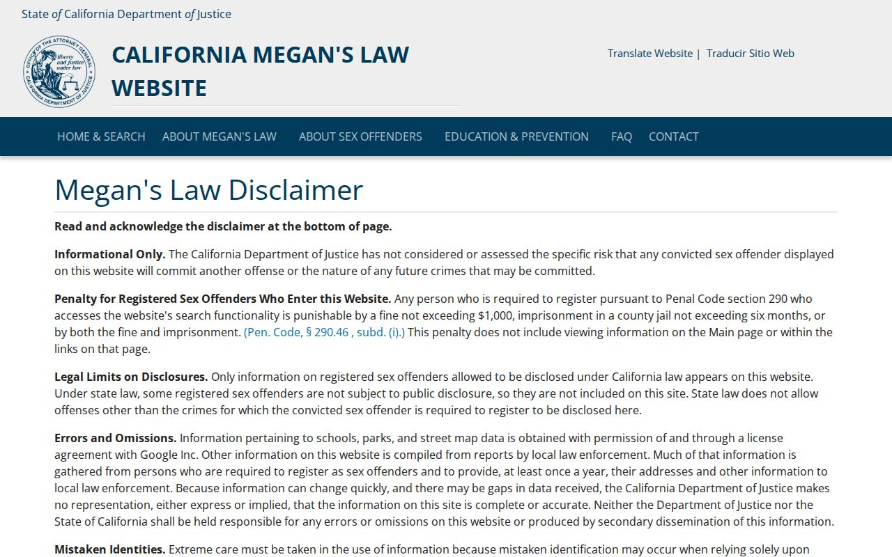 California Megan's Law Website search landing page