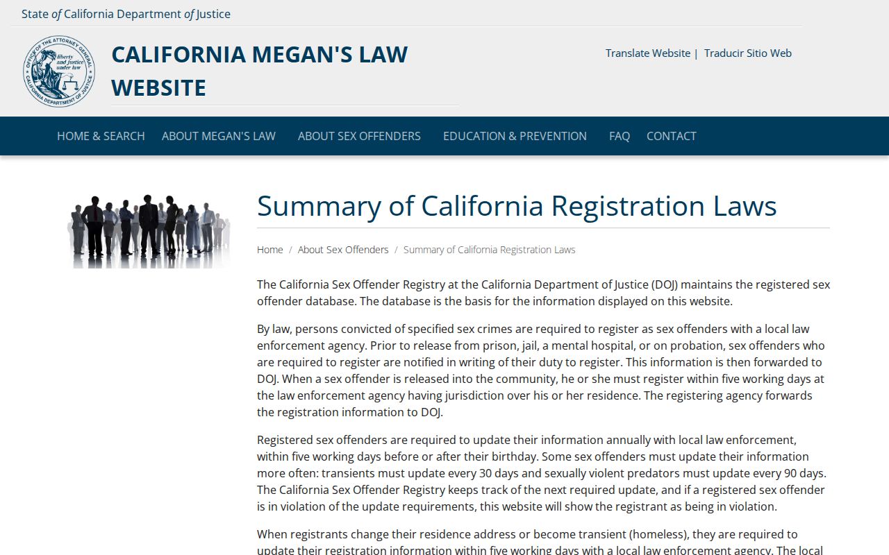 California DOJ summary of sex offender registration and update laws